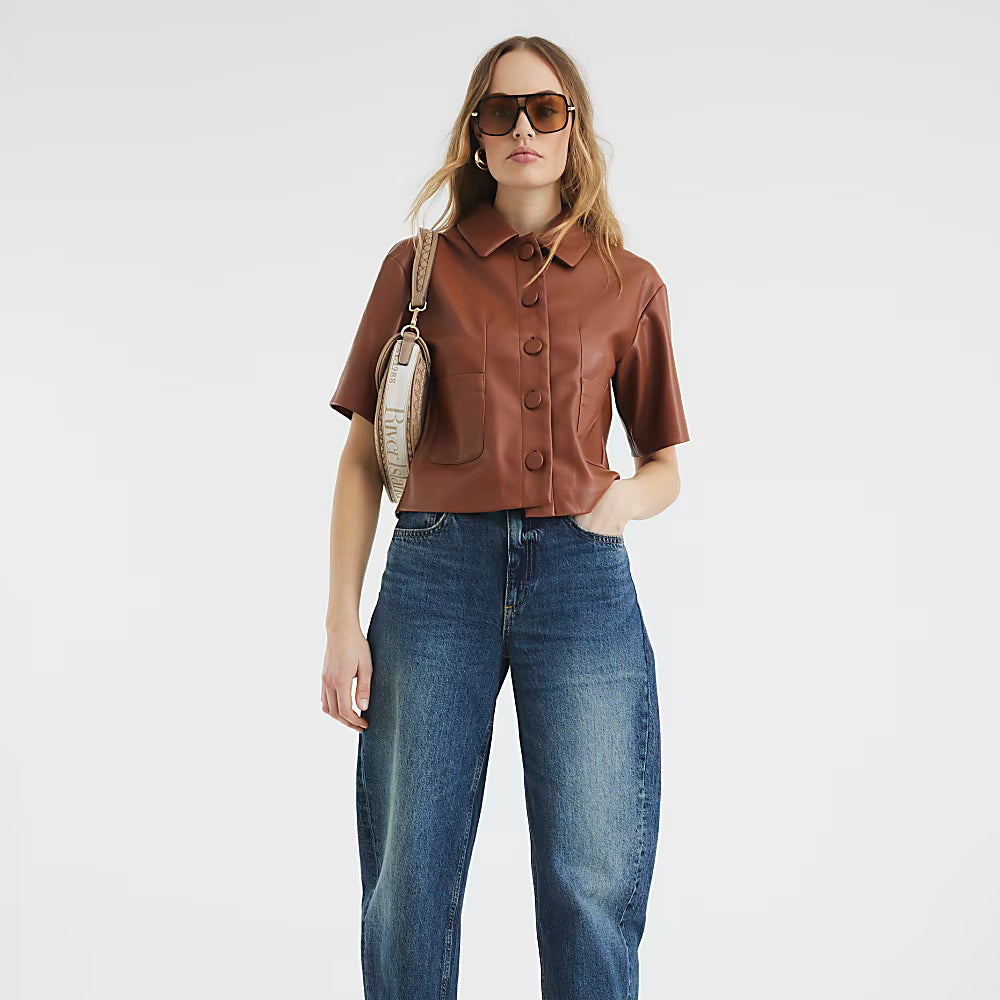 Women Cropped Brown Real Leather Shirt