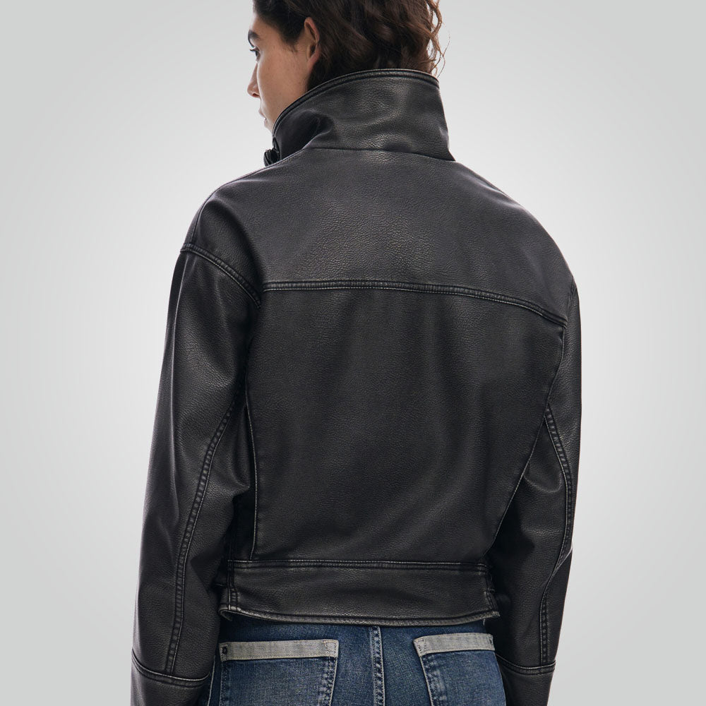 Women's Distressed Black Leather Biker Jacket