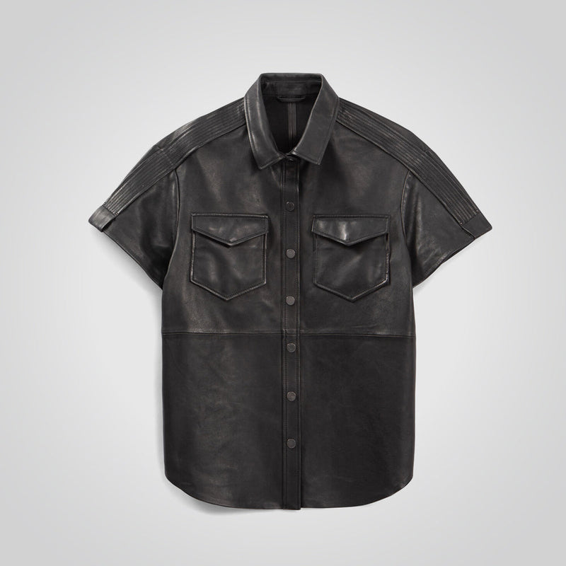 Women's Black Leather Button Down Shirt