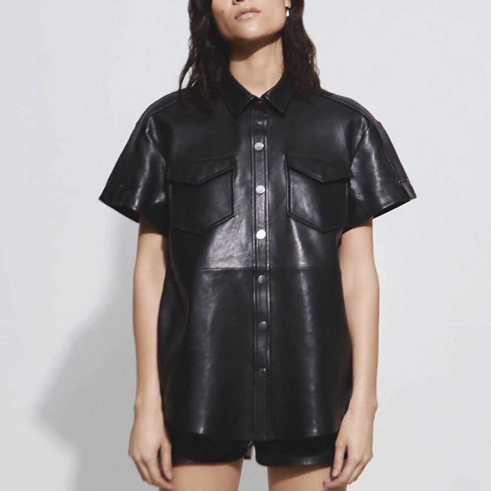 Black Leather Button Down Shirt