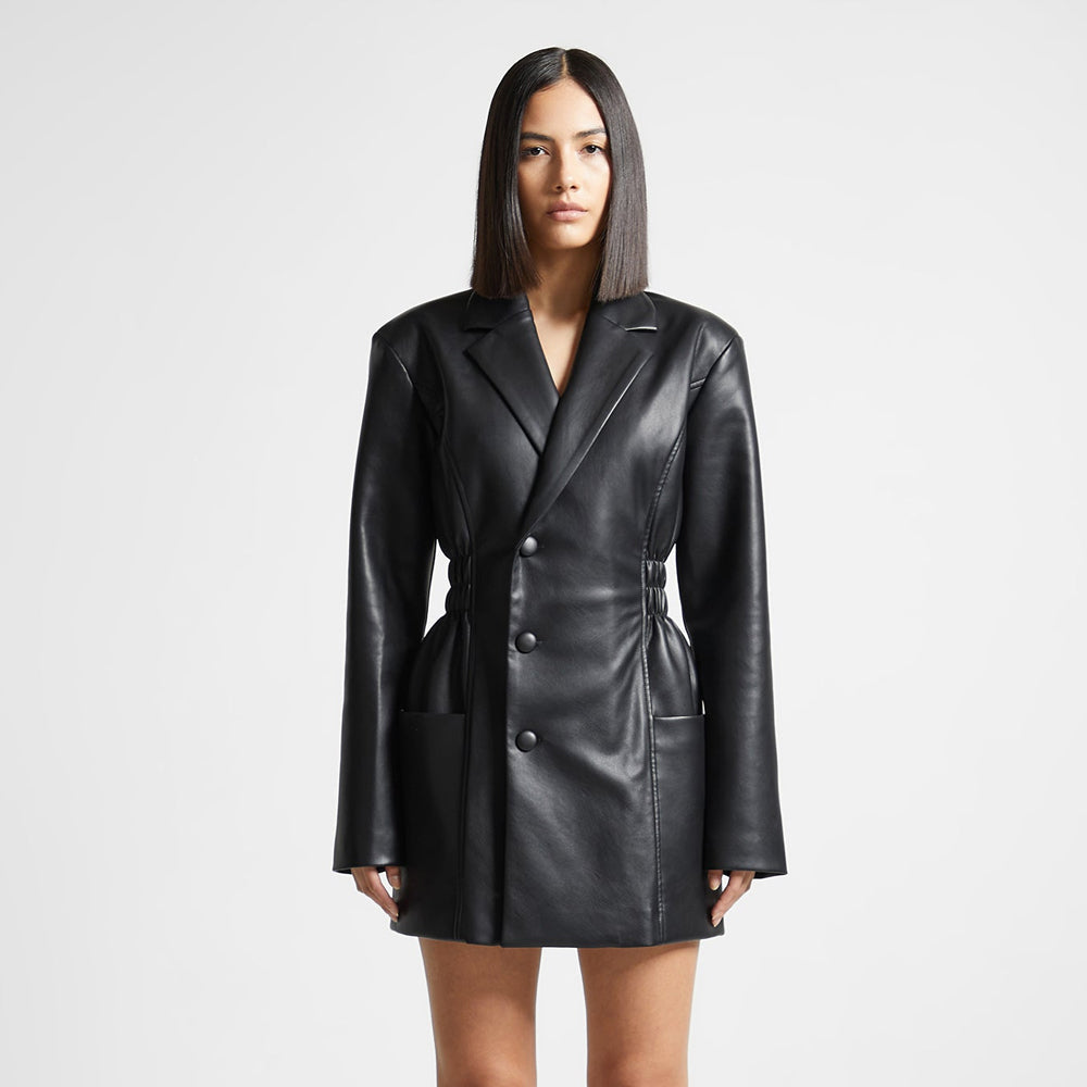 Women's Black Leather Double Breasted Blazer Mini Dress