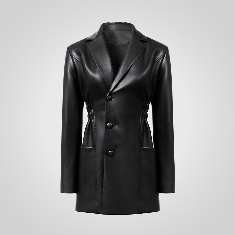 Women's Black Leather Double Breasted Blazer 