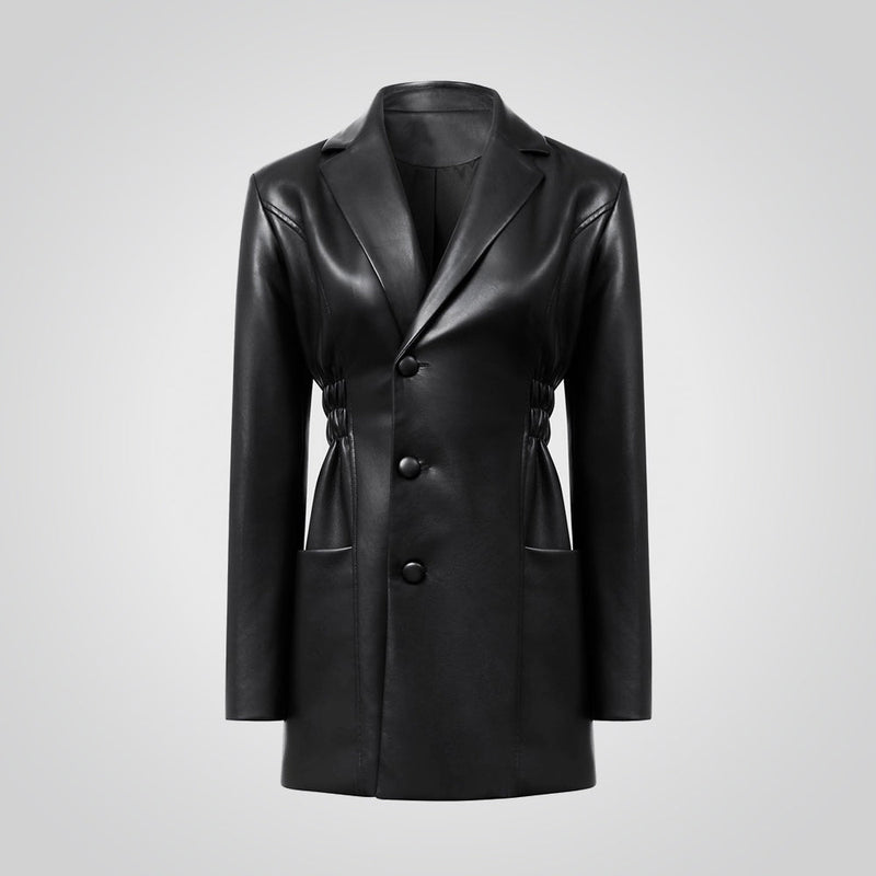 Women's Black Leather Double Breasted Blazer 