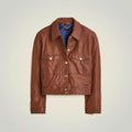 Women's Brown Cropped Leather Trucker Styled Shirt