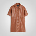 Women's Brown Leather Shirt Mini Dress