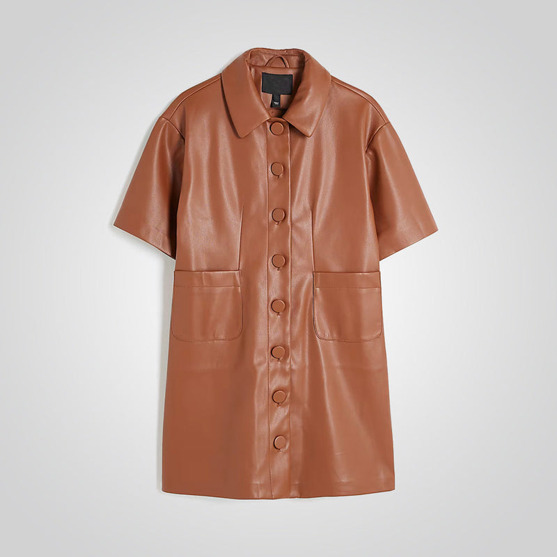 Women's Brown Leather Shirt Mini Dress