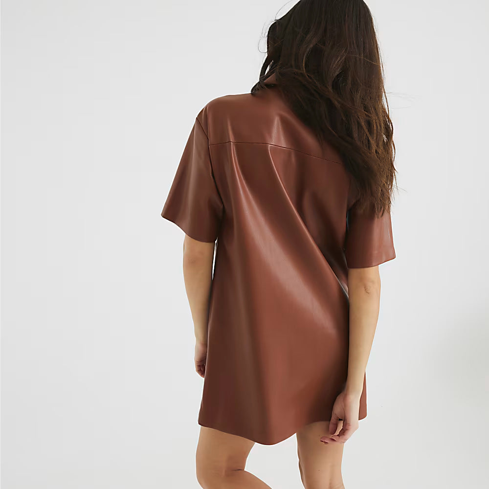 brown Leather Shirt Mini Dress