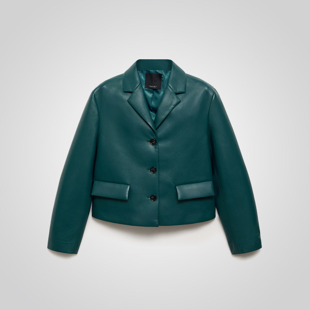 Women's Green Real Leather Short Blazer With Flap Pockets