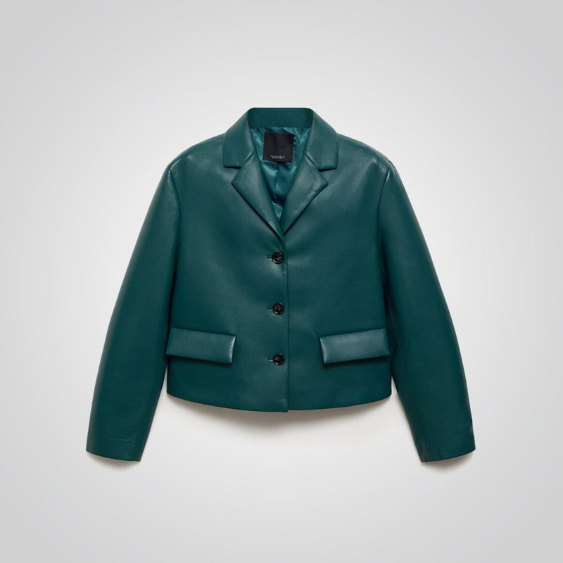 Women's Green Real Leather Short Blazer With Flap Pockets
