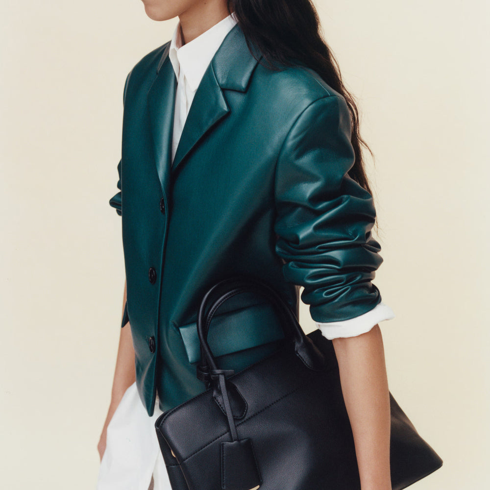 Green Real Leather Short Blazer With Flap Pockets