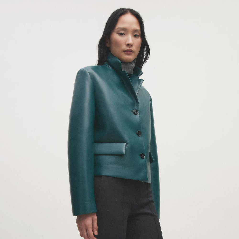 Real Leather Short Blazer With Flap Pockets