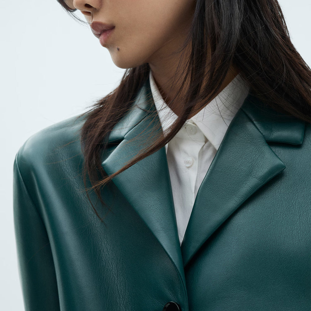 Women's Green Real Leather Blazer With Flap Pockets