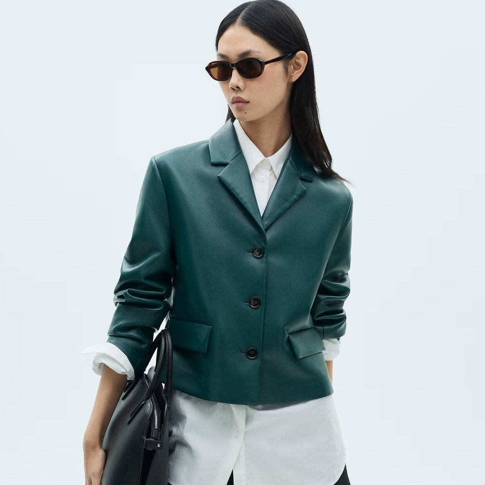 Women's Green Real Leather Short Blazer