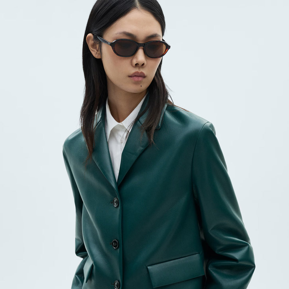 Women's Green Real Leather Short Blazer With Flap Pockets