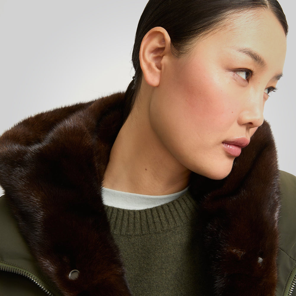 Women's Khaki Down Jacket With Fur Lining