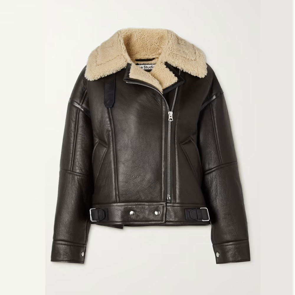 Black leather jacket with beige shearling collar on a white background