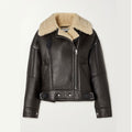 Black leather jacket with beige shearling collar on a white background