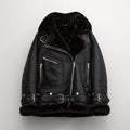 Women  Aviator Styled Black Fur Sheepskin Shearling Leather Jacket - bombersflight