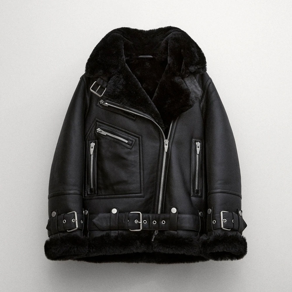 Women  Aviator Styled Black Fur Sheepskin Shearling Leather Jacket - bombersflight