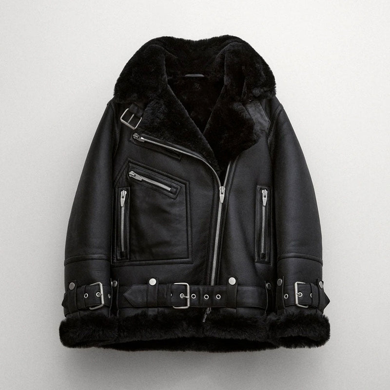 Women  Aviator Styled Black Fur Sheepskin Shearling Leather Jacket - bombersflight