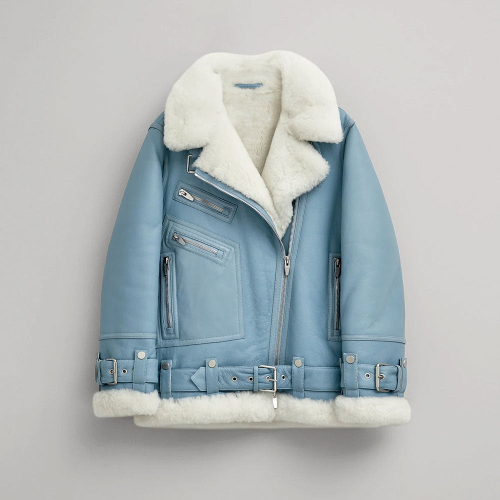 Women Light Blue Aviator Styled Sheepskin Shearling Leather Jacket - bombersflight