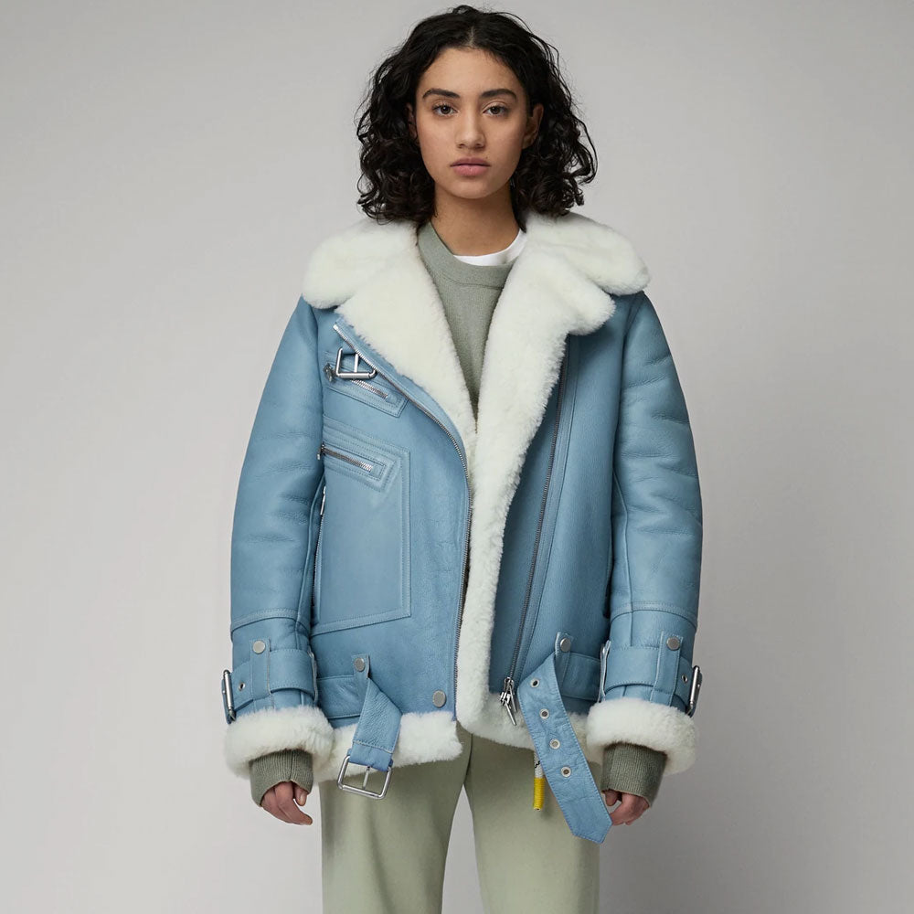 Women Light Blue Aviator Styled Sheepskin Shearling Leather Jacket - bombersflight
