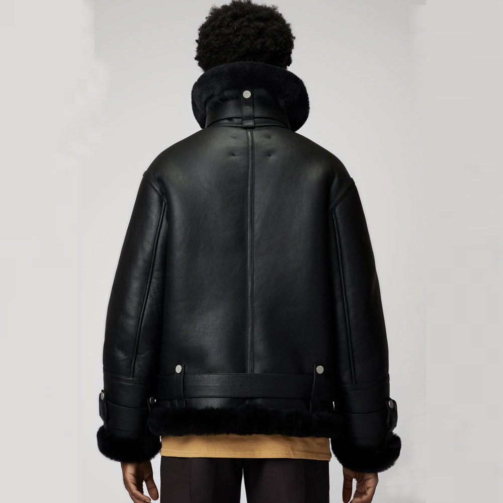 Women  Aviator Styled Black Fur Sheepskin Shearling Leather Jacket - bombersflight