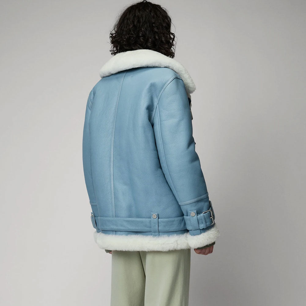 Women Light Blue Aviator Styled Sheepskin Shearling Leather Jacket - bombersflight