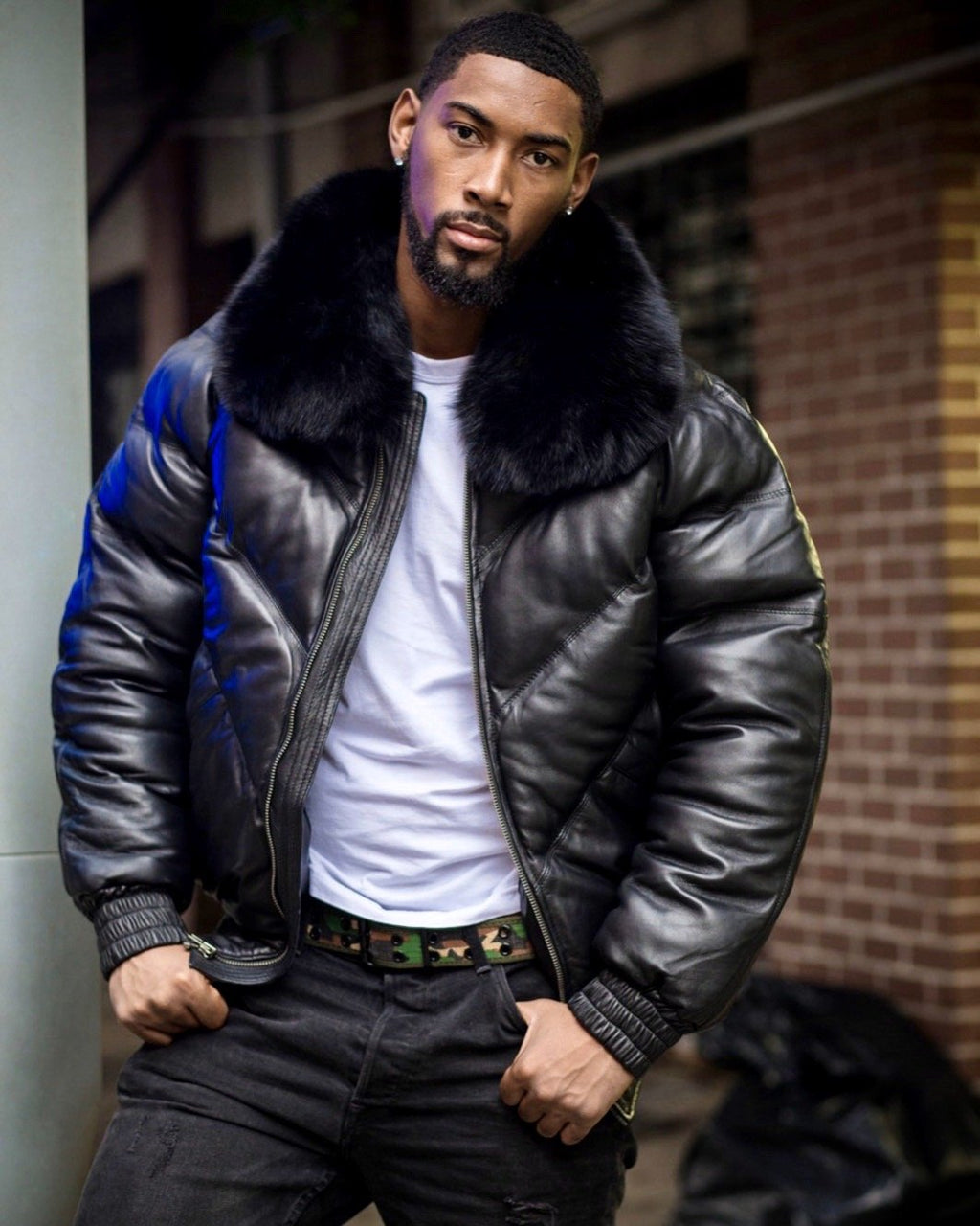 MEN V BOMBER JACKET - BLACK (BLACK FUR) - bombersflight