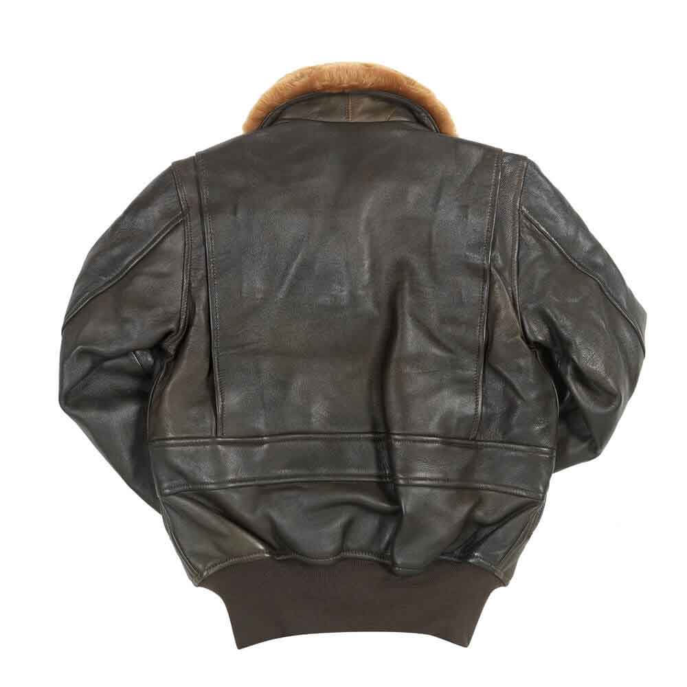 Brown leather jacket with fur lining on a white background