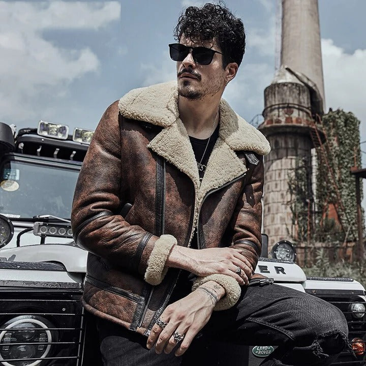 Men's waxed Shearling Aviator Leather Jacket Coat - bombersflight