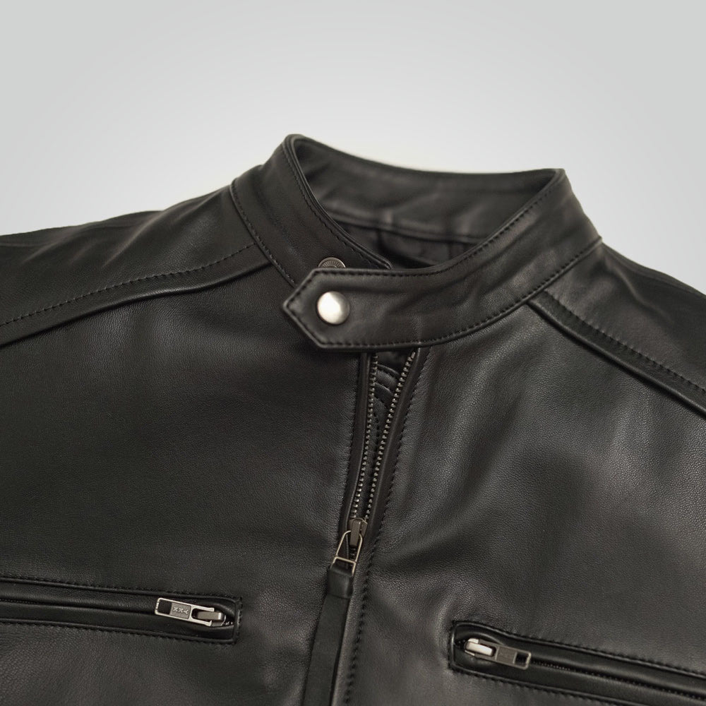  Black Cafe Racer Leather Moto Jacket