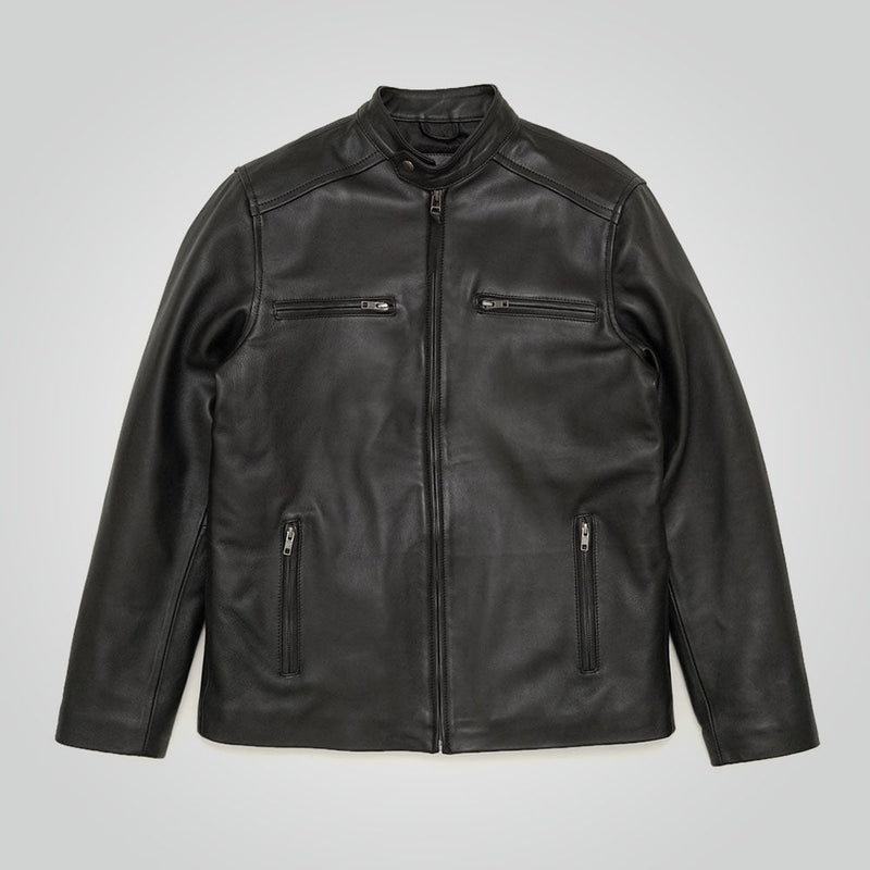Men's Black Cafe Racer Leather Moto Jacket