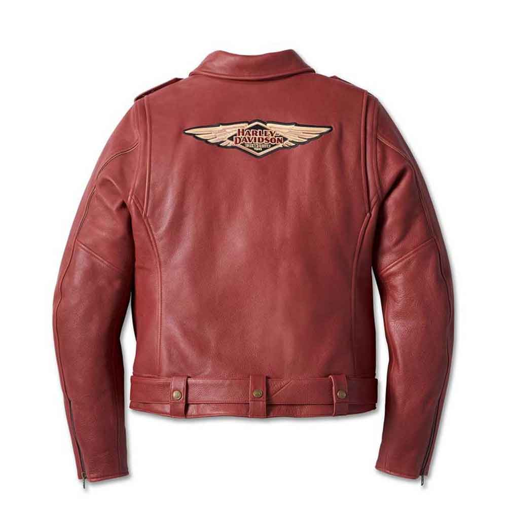 Red leather jacket with Harley-Davidson logo on a white background
