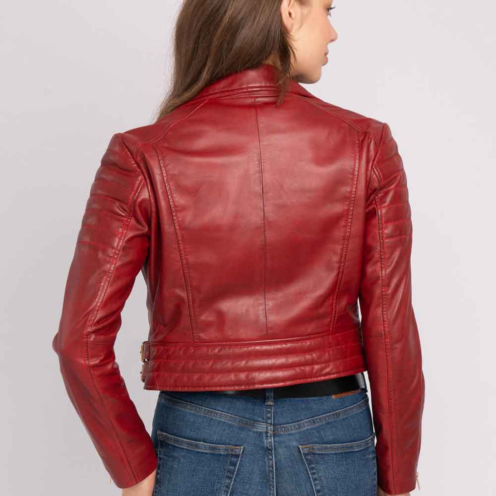 Red leather jacket worn by a person on a plain background