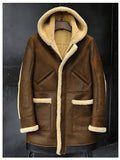 Brown leather coat with beige fur lining on a dark background