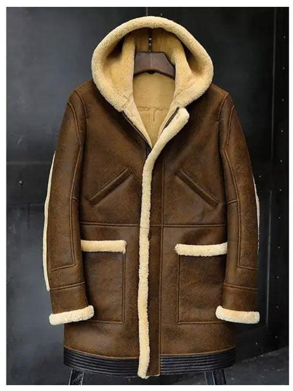 Brown leather coat with beige fur lining on a dark background
