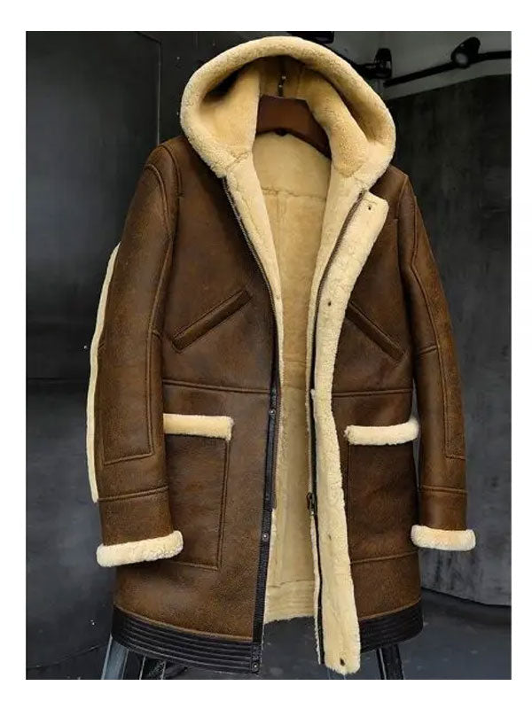 Men's Hooded Dark Brown Shearling Leather Jacket Coat (Copy) - bombersflight