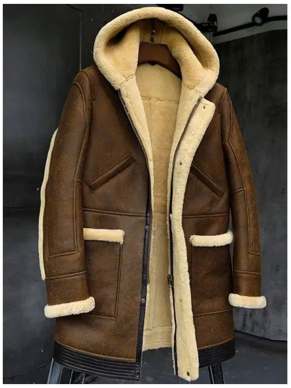 Men's Hooded Dark Brown Shearling Leather Jacket Coat (Copy) - bombersflight