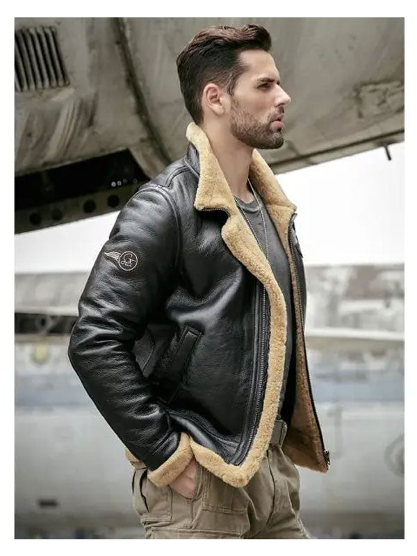 Men's Black Shearling Flight Jacket Coat - bombersflight