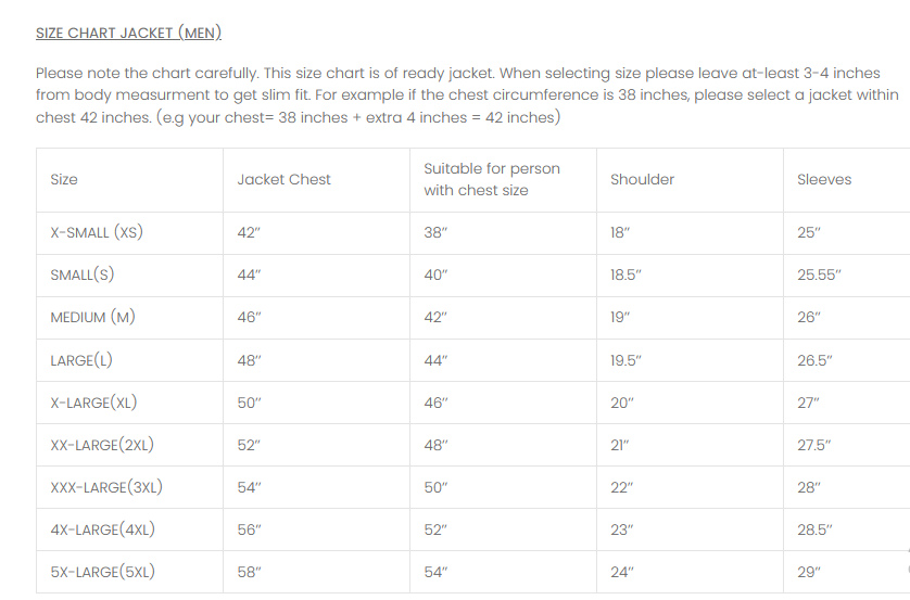 Size Chart For Leather Jackets
