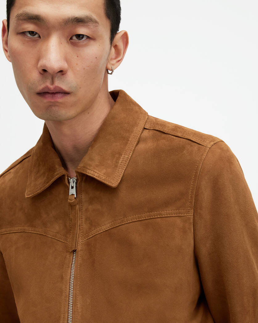 closeup collar view of suede jacket