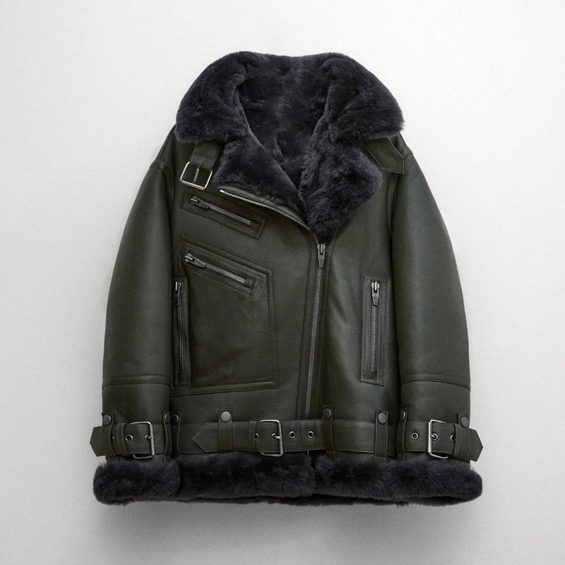 Green leather jacket with fur lining on a white background