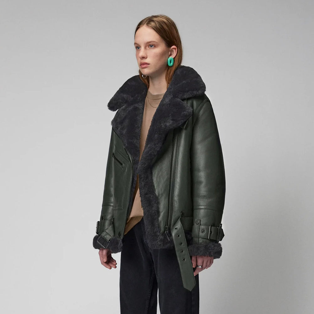 Women Green RAF Aviator Styled Lambskin Black Shearling Leather Jacket - bombersflight