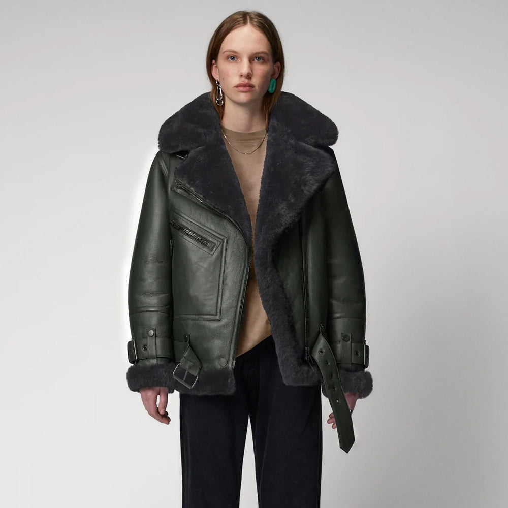 Women Green RAF Aviator Styled Lambskin Black Shearling Leather Jacket - bombersflight