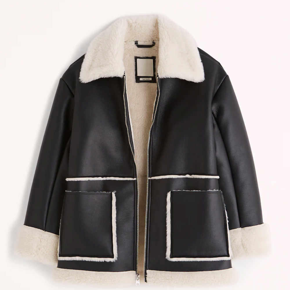Black coat with white fur lining on a white background